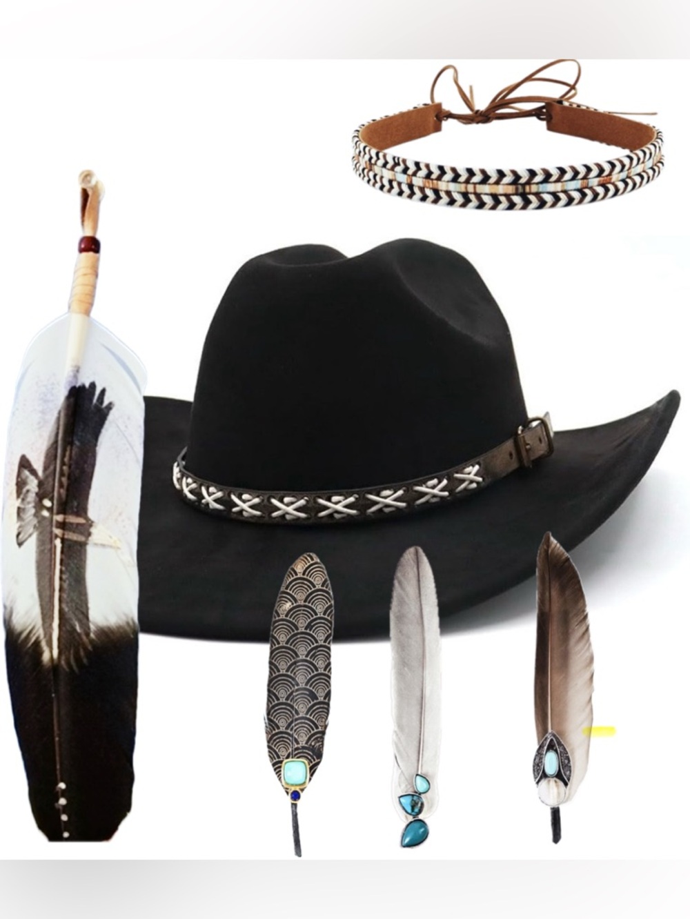 Black Cowboy Hat with Decorative Bands and designer feathers.